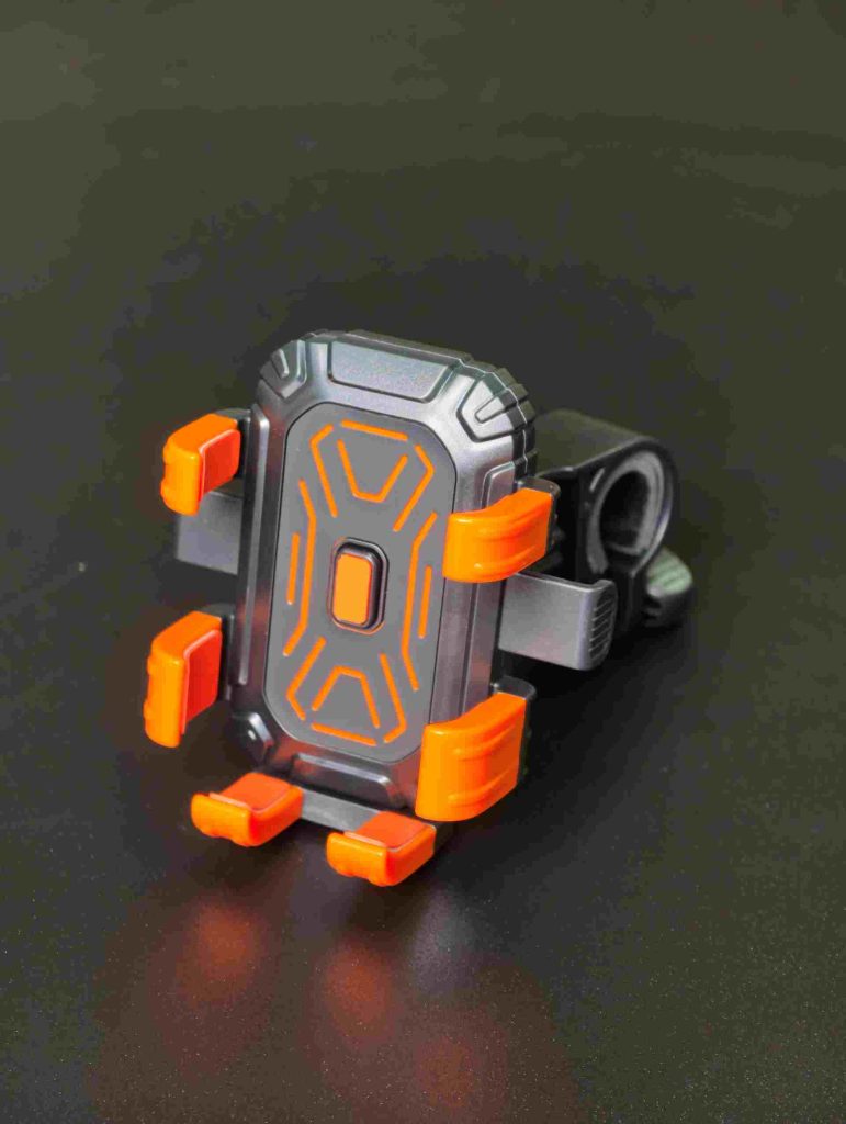 Universal motorcycle phone holder with black and orange multi-point grip